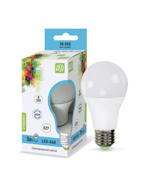 Лампа светодиодная LED-A60-standard 5Вт 160-260В Е27 4000К ASD